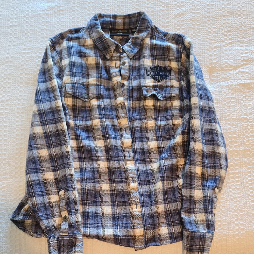 Harley-Davidson Women's Blue and White Plaid Button Down Shirt